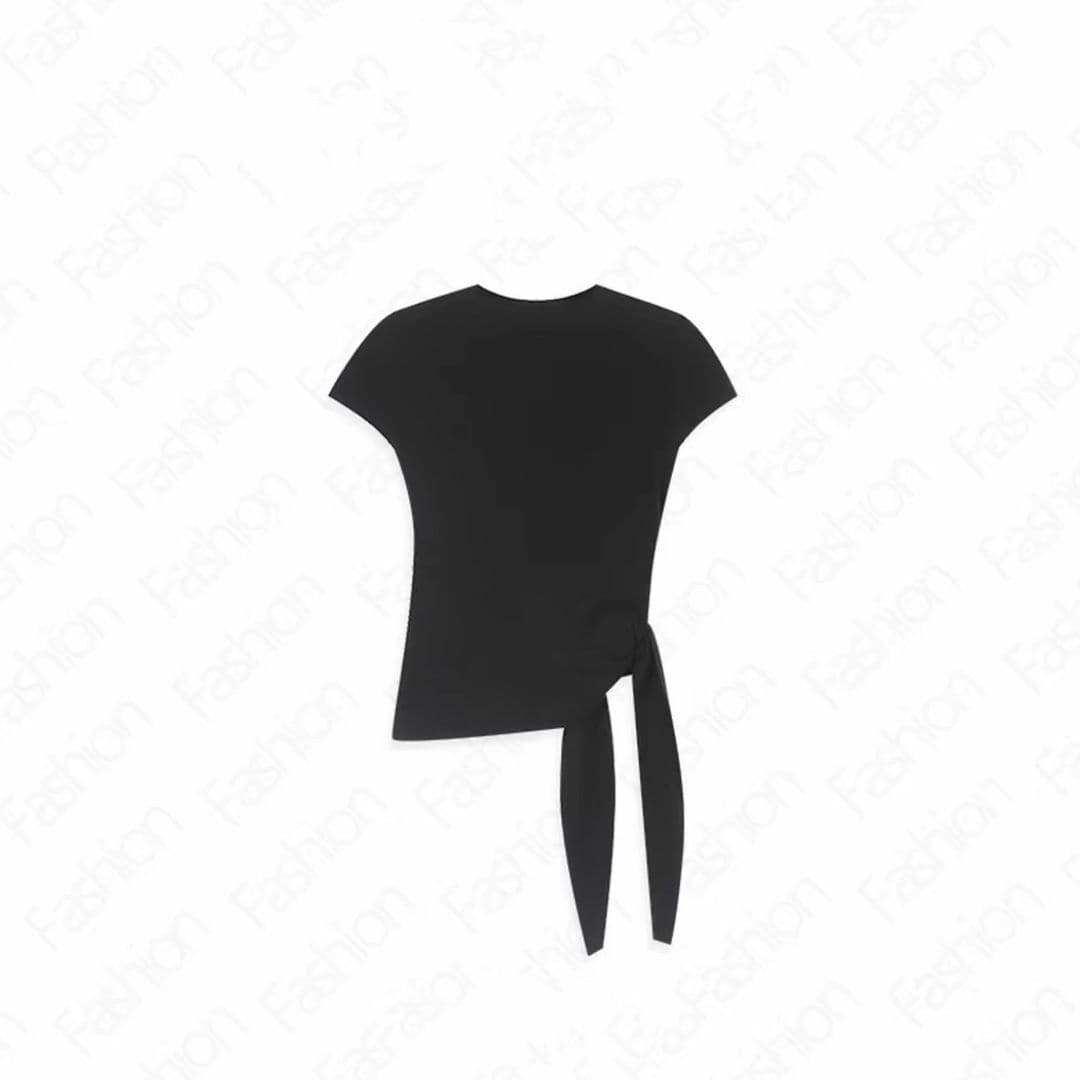 작은 대중 디자인 센스 패션 라운드 넥 긍정적 인 어깨 불규칙 스트랩 티셔츠 여성 2026 여름 허리 수축 다용도 맨위 여성 상세 이미지 3