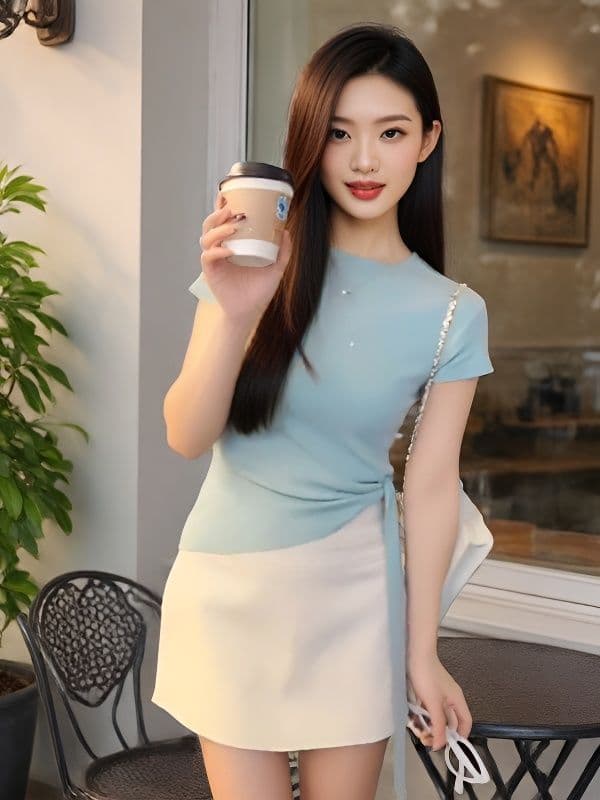 작은 대중 디자인 센스 패션 라운드 넥 긍정적 인 어깨 불규칙 스트랩 티셔츠 여성 2026 여름 허리 수축 다용도 맨위 여성 상세 이미지 5