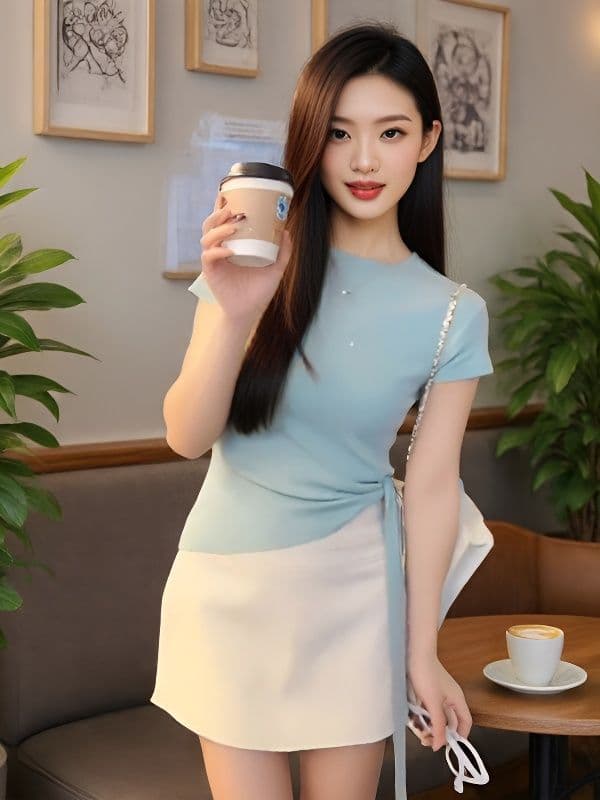작은 대중 디자인 센스 패션 라운드 넥 긍정적 인 어깨 불규칙 스트랩 티셔츠 여성 2026 여름 허리 수축 다용도 맨위 여성 상세 이미지 7