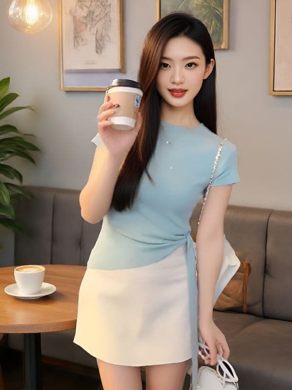 작은 대중 디자인 센스 패션 라운드 넥 긍정적 인 어깨 불규칙 스트랩 티셔츠 여성 2026 여름 허리 수축 다용도 맨위 여성 상세 이미지 13