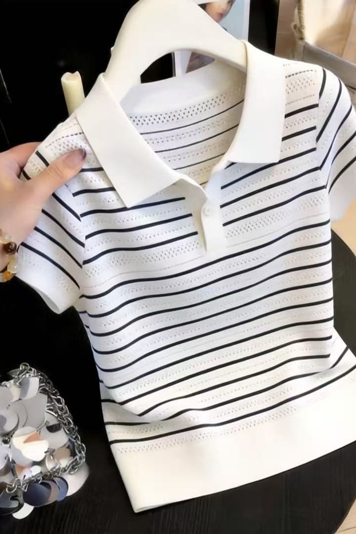 한 부서 배색 스트라이프 polo 폴로 칼라 니트 반팔 티셔츠 여성 여름 새로운 디자인 센스 홀로우 아웃 긍정적 인 어깨 의류 이미지 6