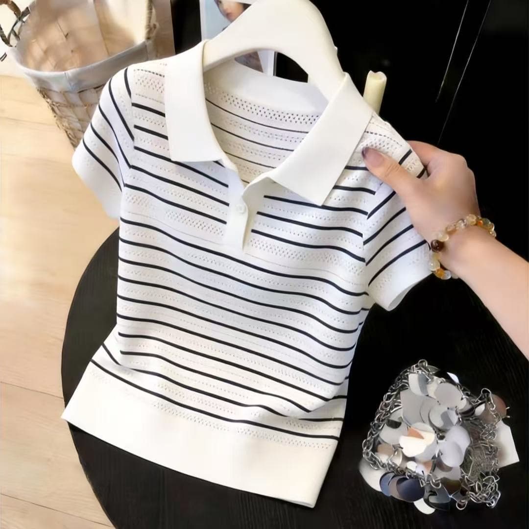 한 부서 배색 스트라이프 polo 폴로 칼라 니트 반팔 티셔츠 여성 여름 새로운 디자인 센스 홀로우 아웃 긍정적 인 어깨 의류 상세 이미지 3