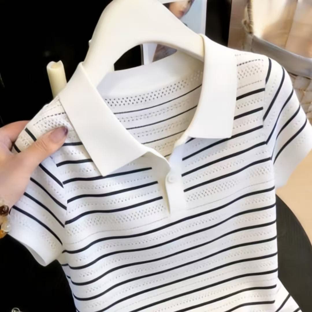 한 부서 배색 스트라이프 polo 폴로 칼라 니트 반팔 티셔츠 여성 여름 새로운 디자인 센스 홀로우 아웃 긍정적 인 어깨 의류 상세 이미지 5