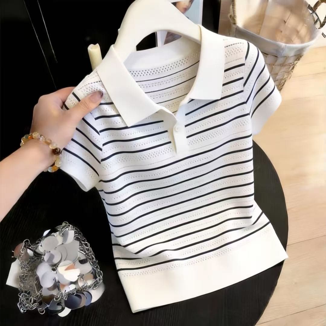 한 부서 배색 스트라이프 polo 폴로 칼라 니트 반팔 티셔츠 여성 여름 새로운 디자인 센스 홀로우 아웃 긍정적 인 어깨 의류 상세 이미지 7