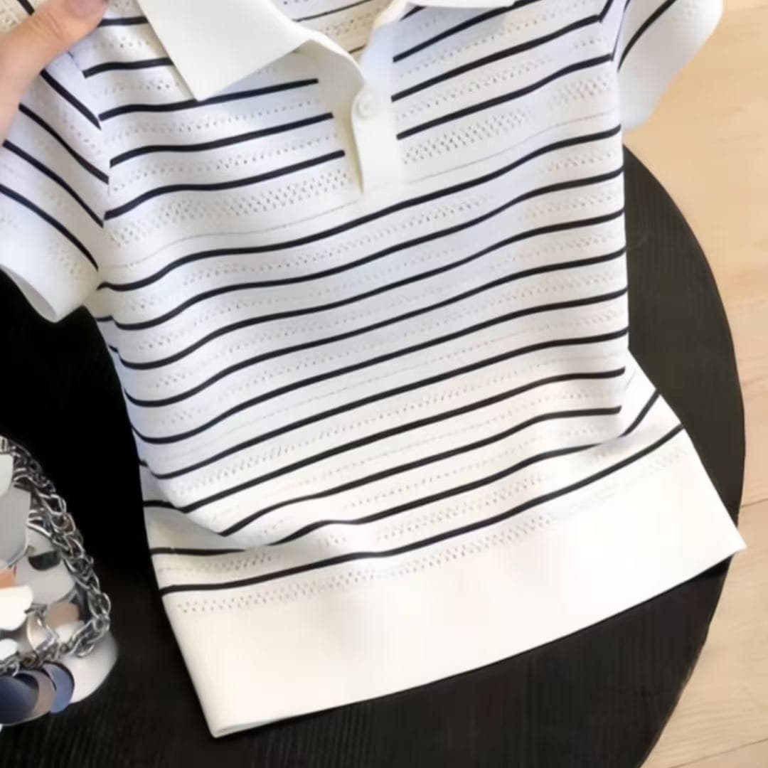 한 부서 배색 스트라이프 polo 폴로 칼라 니트 반팔 티셔츠 여성 여름 새로운 디자인 센스 홀로우 아웃 긍정적 인 어깨 의류 상세 이미지 12