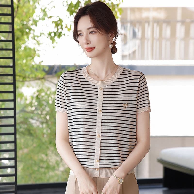 패션 영 어머니 드레스 니트 스웨터 여성용 짧은 소매 여름 드레스 새로운 맨위 품격 다용도 중노년 얼음 실크 티셔츠 이미지 5