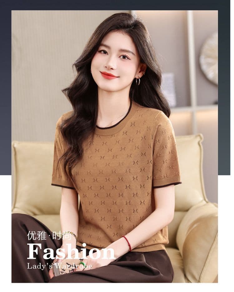 홀로우 아웃 니트 스웨터 얇은 스타일 얼음 실크 통기성 티셔츠 여성용 짧은 소매 여름 폭발 뽕나무 누에 실크 맨위 여성 루즈핏 쇼트 스타일 상세 이미지 1