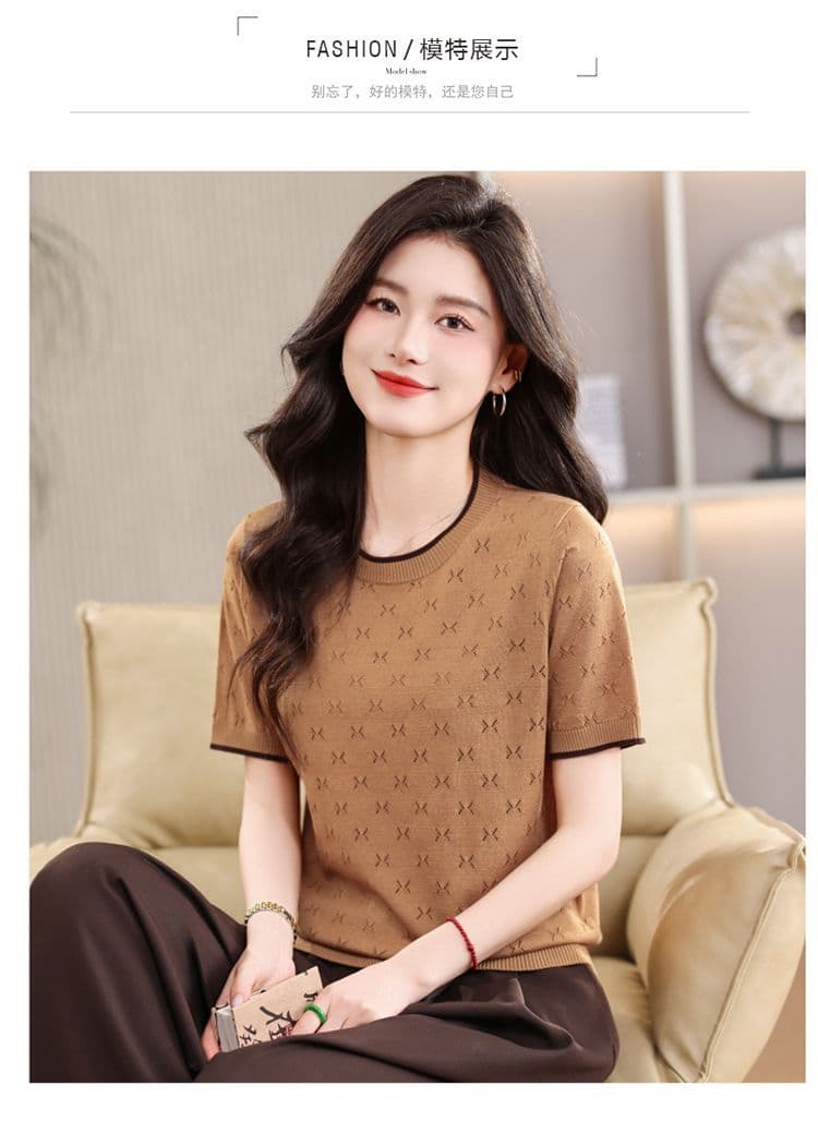 홀로우 아웃 니트 스웨터 얇은 스타일 얼음 실크 통기성 티셔츠 여성용 짧은 소매 여름 폭발 뽕나무 누에 실크 맨위 여성 루즈핏 쇼트 스타일 상세 이미지 9