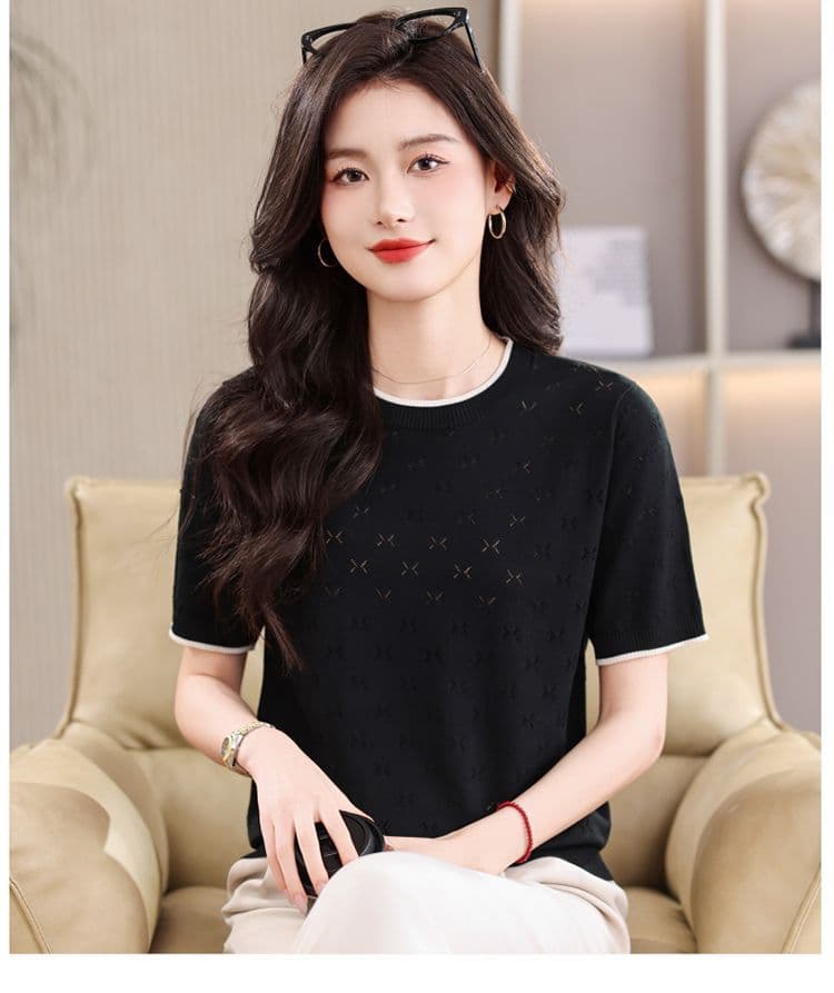 홀로우 아웃 니트 스웨터 얇은 스타일 얼음 실크 통기성 티셔츠 여성용 짧은 소매 여름 폭발 뽕나무 누에 실크 맨위 여성 루즈핏 쇼트 스타일 상세 이미지 26