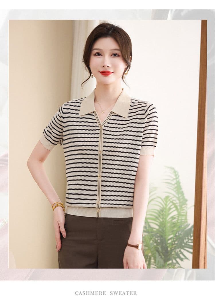 여름 드레스 빅 사이즈 반팔 연령 감소 티셔츠 외국 가스 폴로 칼라 맨위 중노년 여성 여름 얇은 스타일 얼음 실크 니트 스웨터 여성 상세 이미지 9