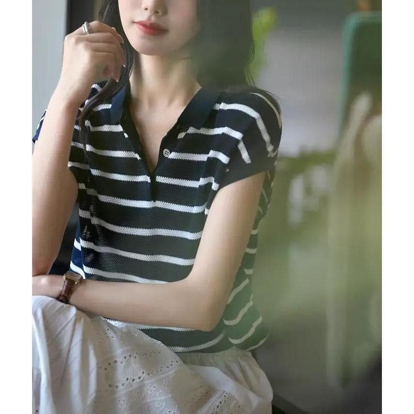 라이 경기 서울 주간 실크 아마 클래식 스트라이프 k 루즈핏 니트 스웨터 티셔츠 여성 미니멀리즘 POLO 칼라 스트라이프 빛 럭셔리 맨위 상세 이미지 23