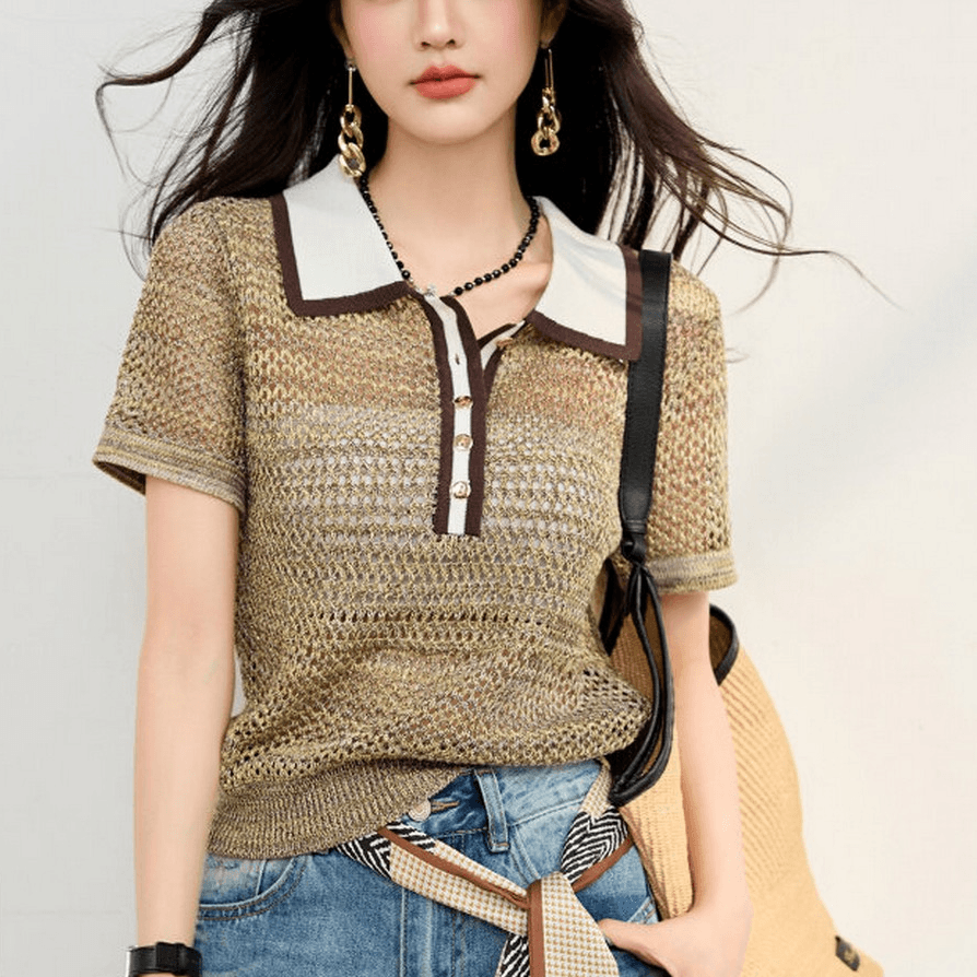 2026 여름 새로운 프랑스식 품격 디자인 센스 배색 POLO 칼라 니트 스웨터 홀로우 아웃 블라우스 슬림해 보이는 맨위 여성 이미지 3