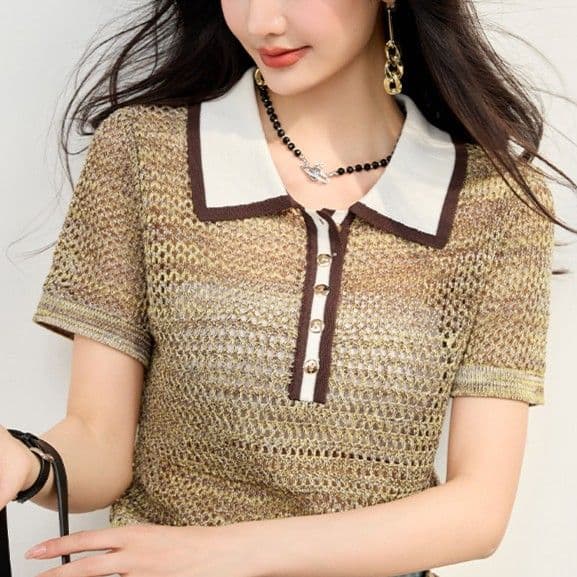 2026 여름 새로운 프랑스식 품격 디자인 센스 배색 POLO 칼라 니트 스웨터 홀로우 아웃 블라우스 슬림해 보이는 맨위 여성 상세 이미지 4