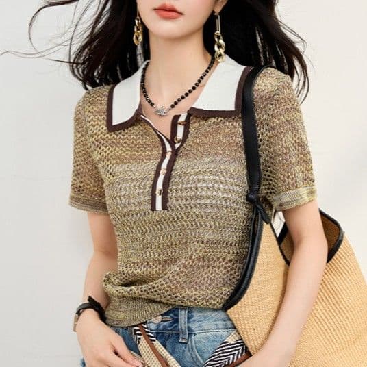 2026 여름 새로운 프랑스식 품격 디자인 센스 배색 POLO 칼라 니트 스웨터 홀로우 아웃 블라우스 슬림해 보이는 맨위 여성 상세 이미지 9