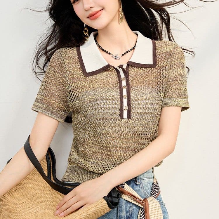 2026 여름 새로운 프랑스식 품격 디자인 센스 배색 POLO 칼라 니트 스웨터 홀로우 아웃 블라우스 슬림해 보이는 맨위 여성 상세 이미지 11