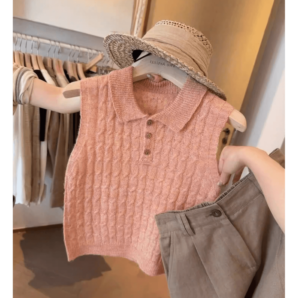 한 부서 POLO 칼라 니트 반팔 티셔츠 여성 여름 꽈배기 웨스트 포 멜로 분말 달콤한 스타일 연령 감소 품격 폴로 칼라 맨위 상세 이미지 20
