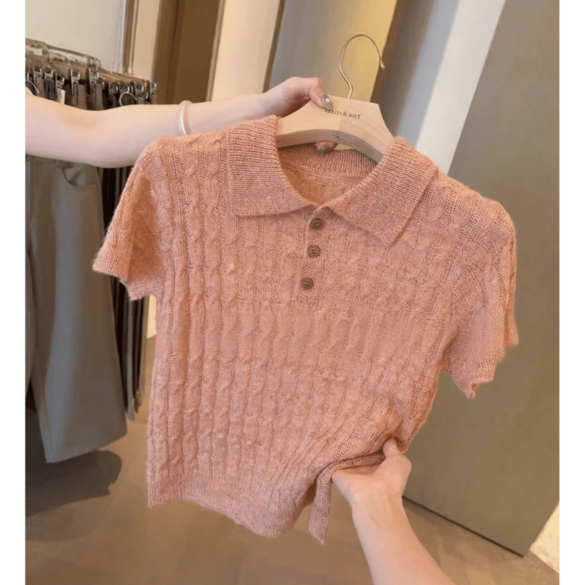 한 부서 POLO 칼라 니트 반팔 티셔츠 여성 여름 꽈배기 웨스트 포 멜로 분말 달콤한 스타일 연령 감소 품격 폴로 칼라 맨위 상세 이미지 21