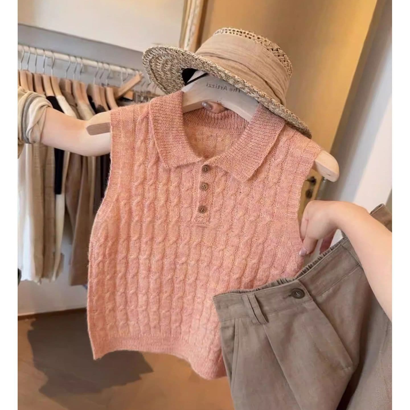 한 부서 POLO 칼라 니트 반팔 티셔츠 여성 여름 꽈배기 웨스트 포 멜로 분말 달콤한 스타일 연령 감소 품격 폴로 칼라 맨위 상세 이미지 26