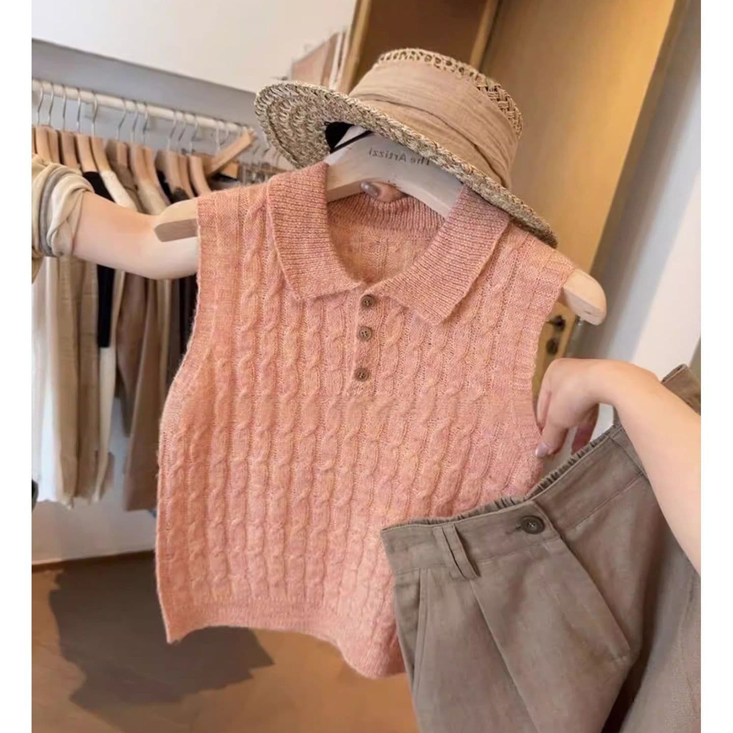 한 부서 POLO 칼라 니트 반팔 티셔츠 여성 여름 꽈배기 웨스트 포 멜로 분말 달콤한 스타일 연령 감소 품격 폴로 칼라 맨위 상세 이미지 28