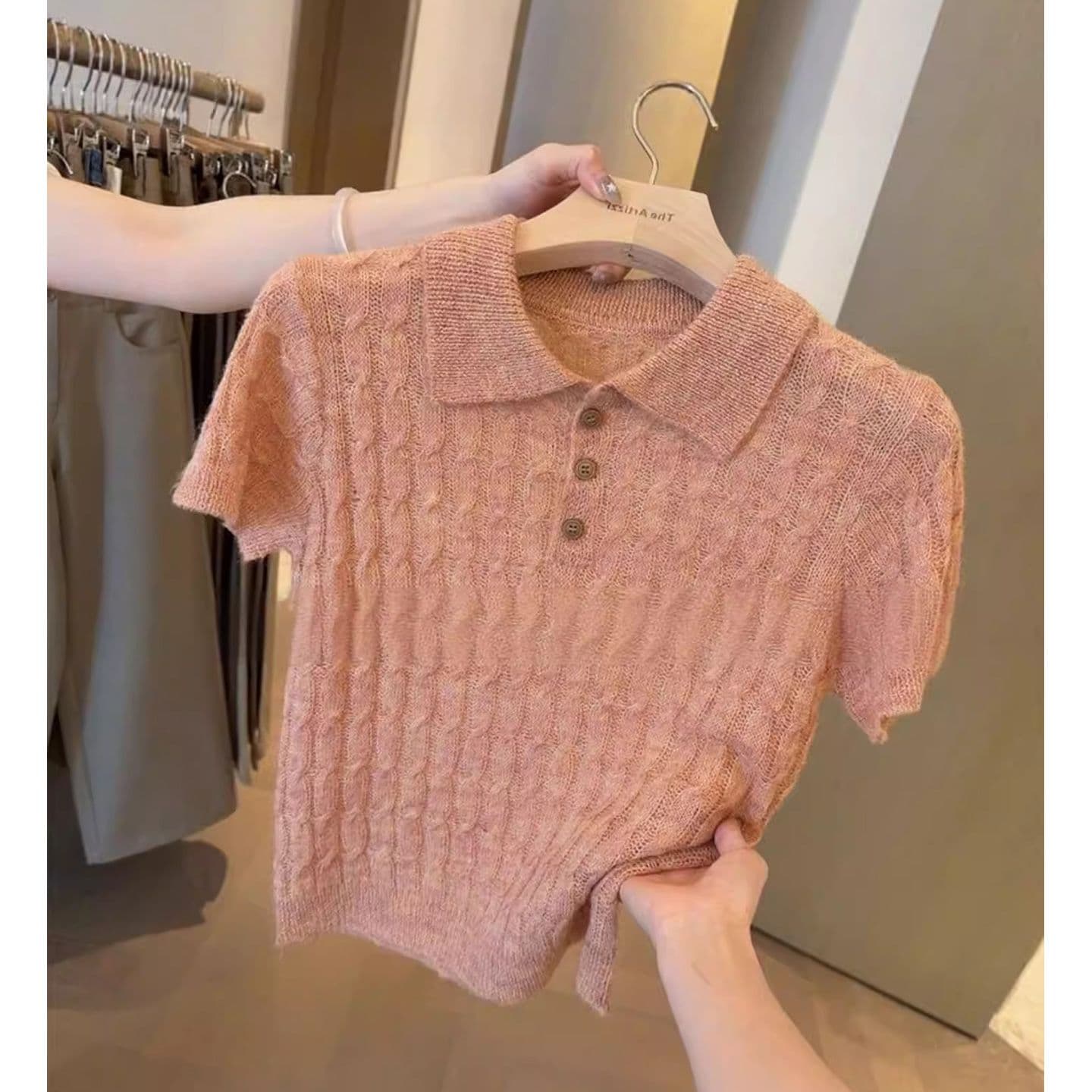 한 부서 POLO 칼라 니트 반팔 티셔츠 여성 여름 꽈배기 웨스트 포 멜로 분말 달콤한 스타일 연령 감소 품격 폴로 칼라 맨위 상세 이미지 29