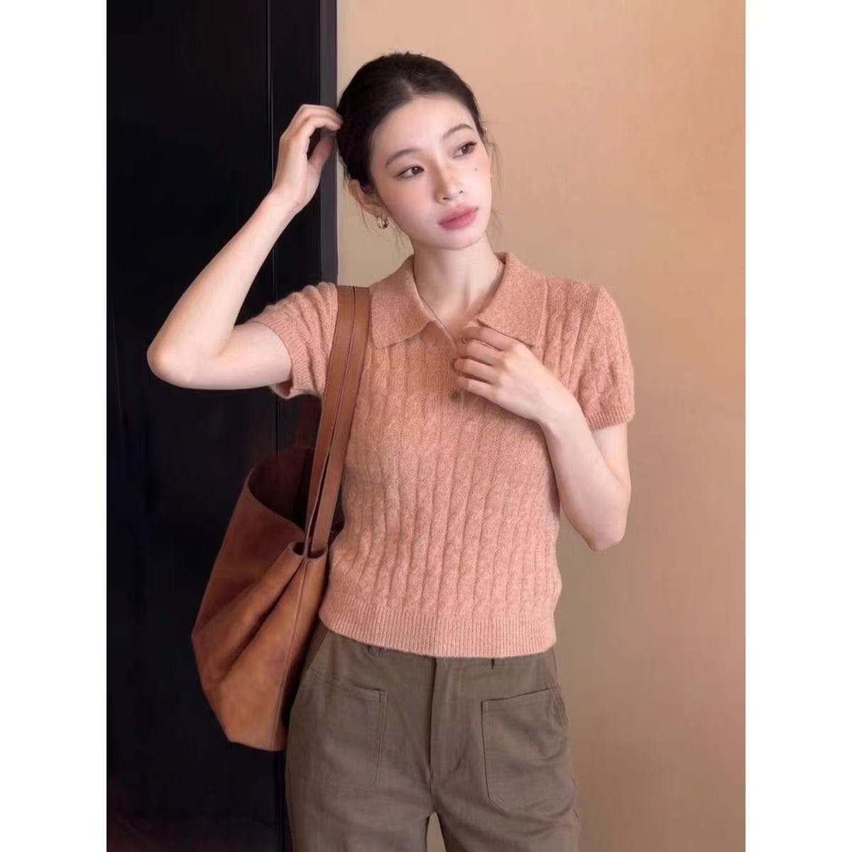 한 부서 POLO 칼라 니트 반팔 티셔츠 여성 여름 꽈배기 웨스트 포 멜로 분말 달콤한 스타일 연령 감소 품격 폴로 칼라 맨위 이미지 5