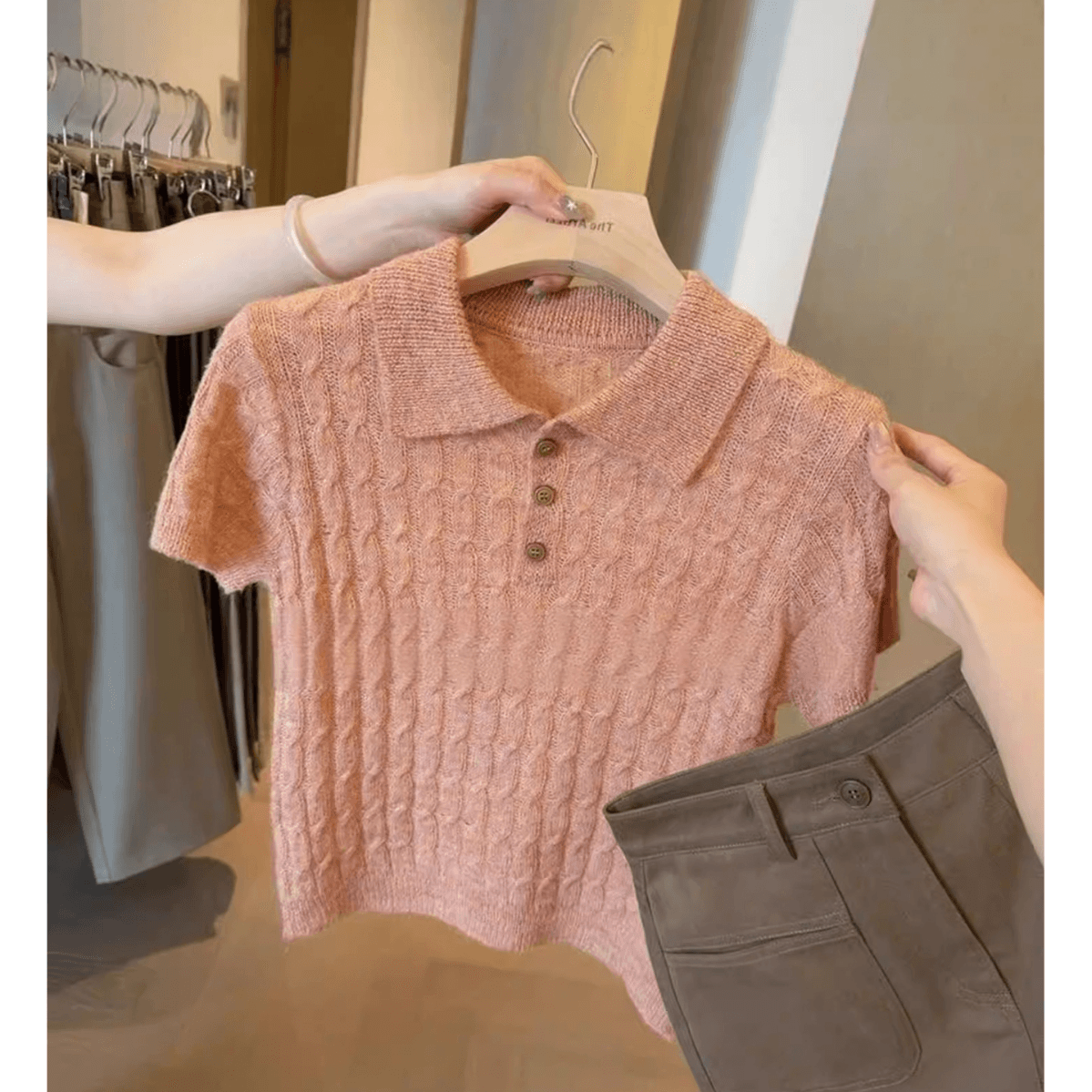 한 부서 POLO 칼라 니트 반팔 티셔츠 여성 여름 꽈배기 웨스트 포 멜로 분말 달콤한 스타일 연령 감소 품격 폴로 칼라 맨위 상세 이미지 7