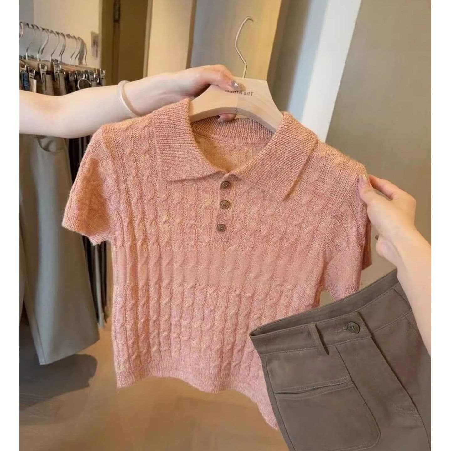 한 부서 POLO 칼라 니트 반팔 티셔츠 여성 여름 꽈배기 웨스트 포 멜로 분말 달콤한 스타일 연령 감소 품격 폴로 칼라 맨위 상세 이미지 12