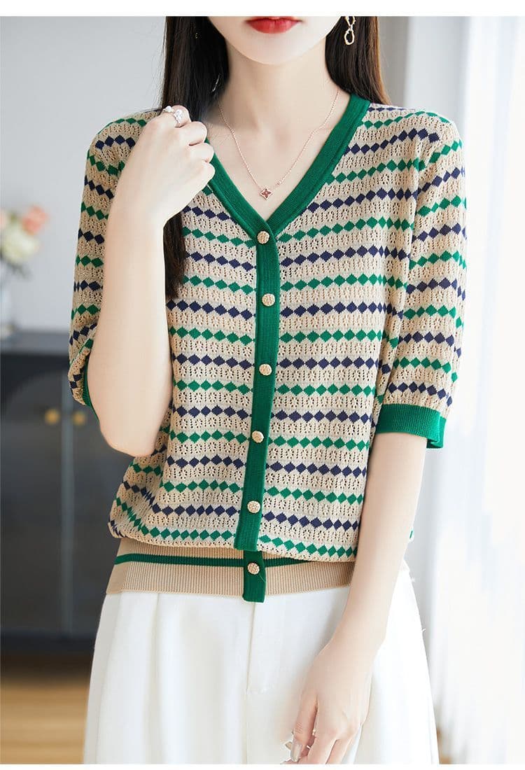 V넥 풀오버 중간 소매 맨위 패치워크 색상 스트라이프 인사이드 가져 가라. 여름 얇은 스타일 얼음 실크 니트 스웨터 품격 연령 감소 맨위 여성 상세 이미지 8