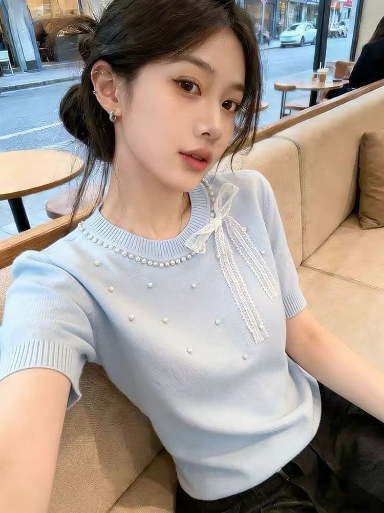 작은 샤넬 스타일 진주 나비 매듭 반팔 니트 스웨터 여성 여름 새로운 품격 연령 감소 패션 다용도 티셔츠 맨위 상세 이미지 11