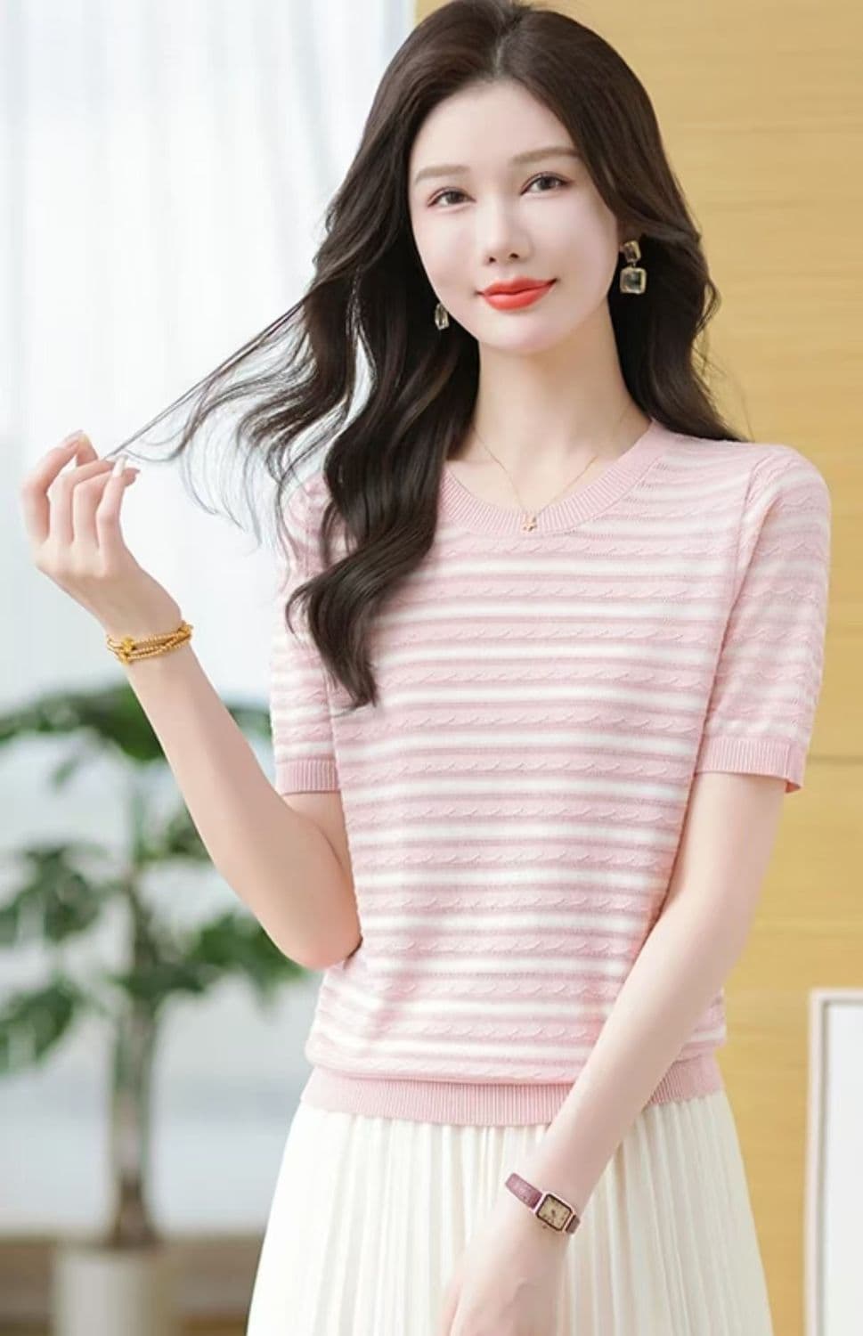여름 새로운 얼음 실크 티셔츠 반팔 얇은 스타일 맨위 루즈핏 패션 라운드 넥 스트라이프 슬림해 보이는 다용도 니트 스웨터 여성 상세 이미지 8