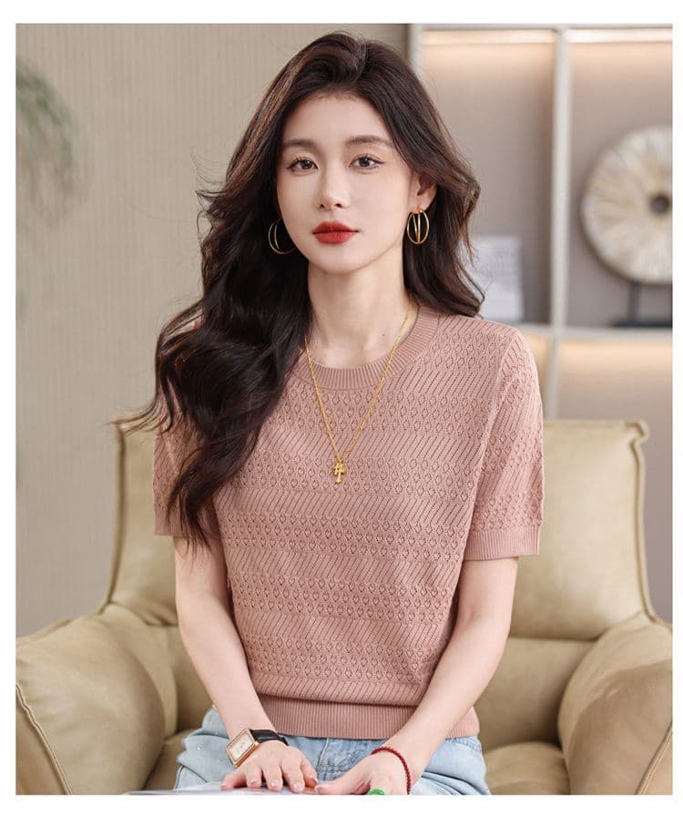 2026 새로운 여름 빅 사이즈 루즈핏 얇은 스타일 홀로우 아웃 라운드 넥 얼음 실크 니트 스웨터 캐주얼 다용도 연령 감소 맨위 여성 상세 이미지 14