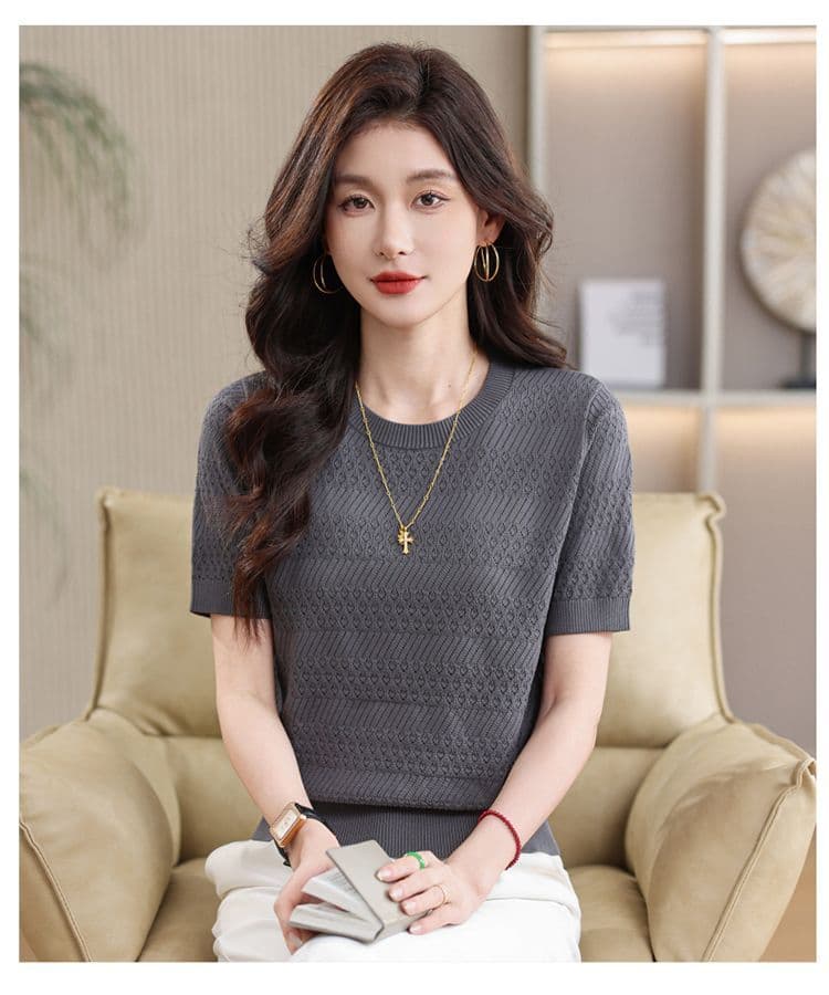 2026 새로운 여름 빅 사이즈 루즈핏 얇은 스타일 홀로우 아웃 라운드 넥 얼음 실크 니트 스웨터 캐주얼 다용도 연령 감소 맨위 여성 상세 이미지 24