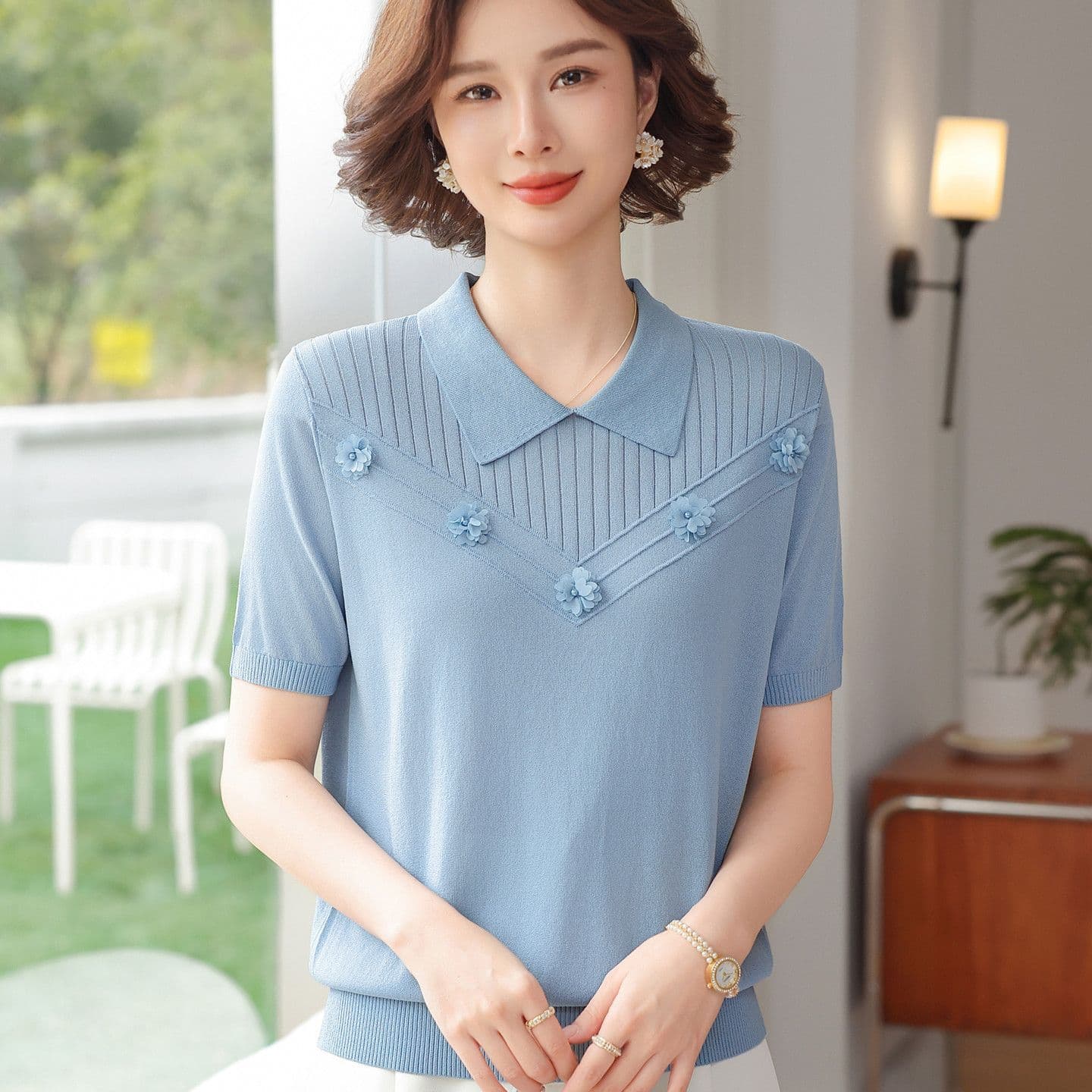 여름 드레스 반팔 티셔츠 2026 새로운 캐주얼 다용도 중년 여성 여름 얼음 실크 외국 가스 연령 감소 맨위 여성 이미지 6