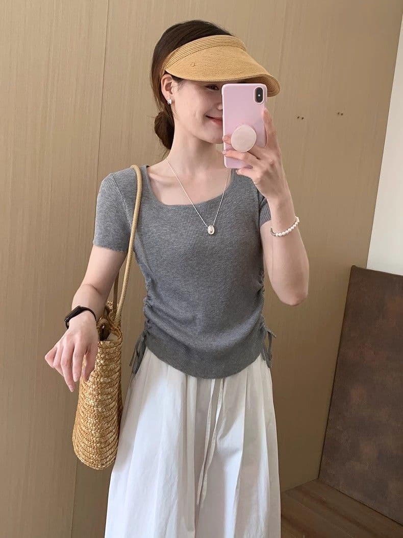 한 부서 광장 칼라 니트 반팔 티셔츠 여성 여름 양면 펌프 로프 몸매 가꾸기 슬림해 보이는 캐주얼 긍정적 인 어깨 아름다운 티셔츠 맨위 상세 이미지 12