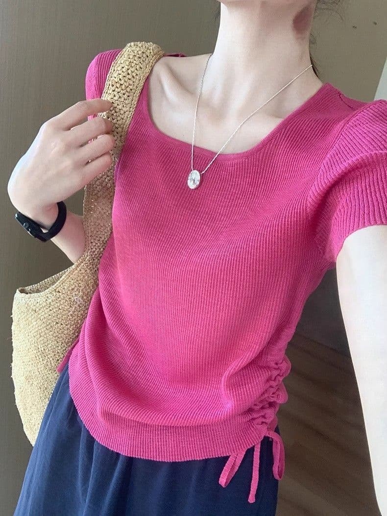 한 부서 광장 칼라 니트 반팔 티셔츠 여성 여름 양면 펌프 로프 몸매 가꾸기 슬림해 보이는 캐주얼 긍정적 인 어깨 아름다운 티셔츠 맨위 상세 이미지 18