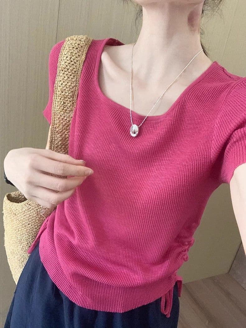 한 부서 광장 칼라 니트 반팔 티셔츠 여성 여름 양면 펌프 로프 몸매 가꾸기 슬림해 보이는 캐주얼 긍정적 인 어깨 아름다운 티셔츠 맨위 상세 이미지 23