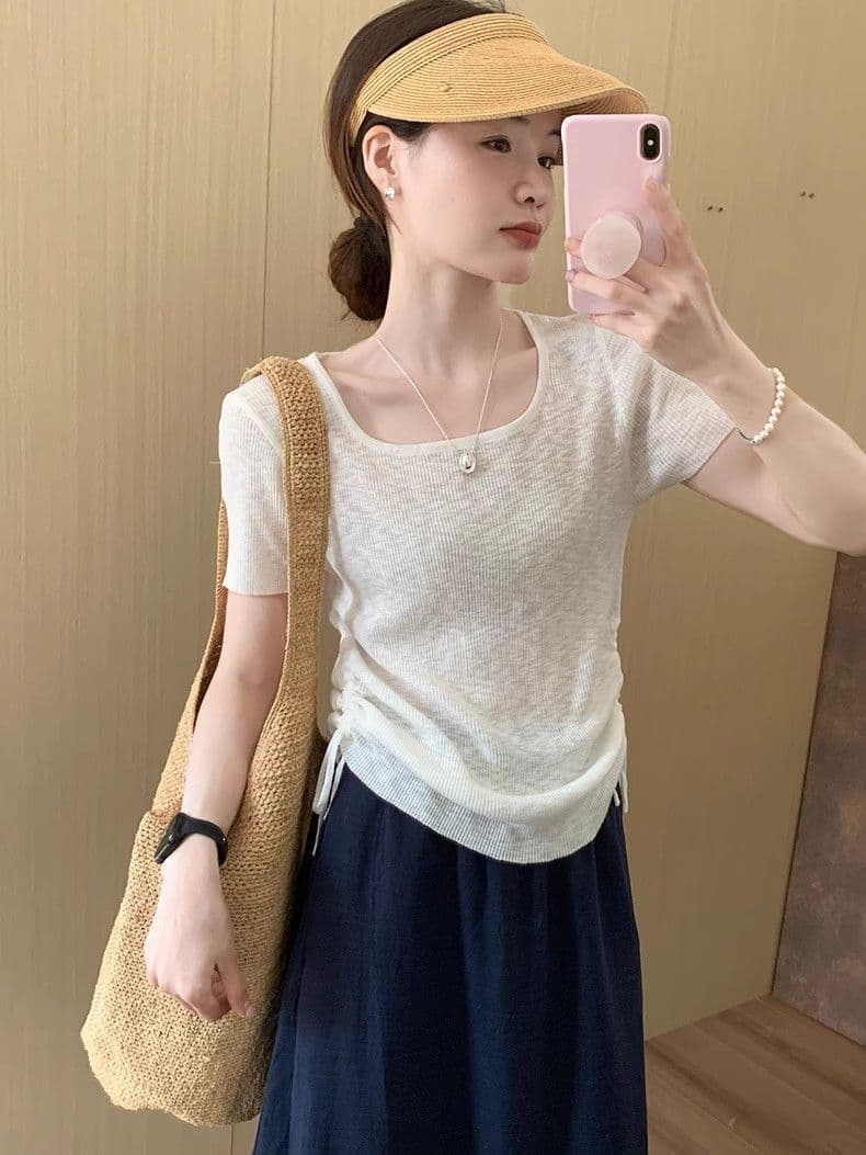 한 부서 광장 칼라 니트 반팔 티셔츠 여성 여름 양면 펌프 로프 몸매 가꾸기 슬림해 보이는 캐주얼 긍정적 인 어깨 아름다운 티셔츠 맨위 상세 이미지 29