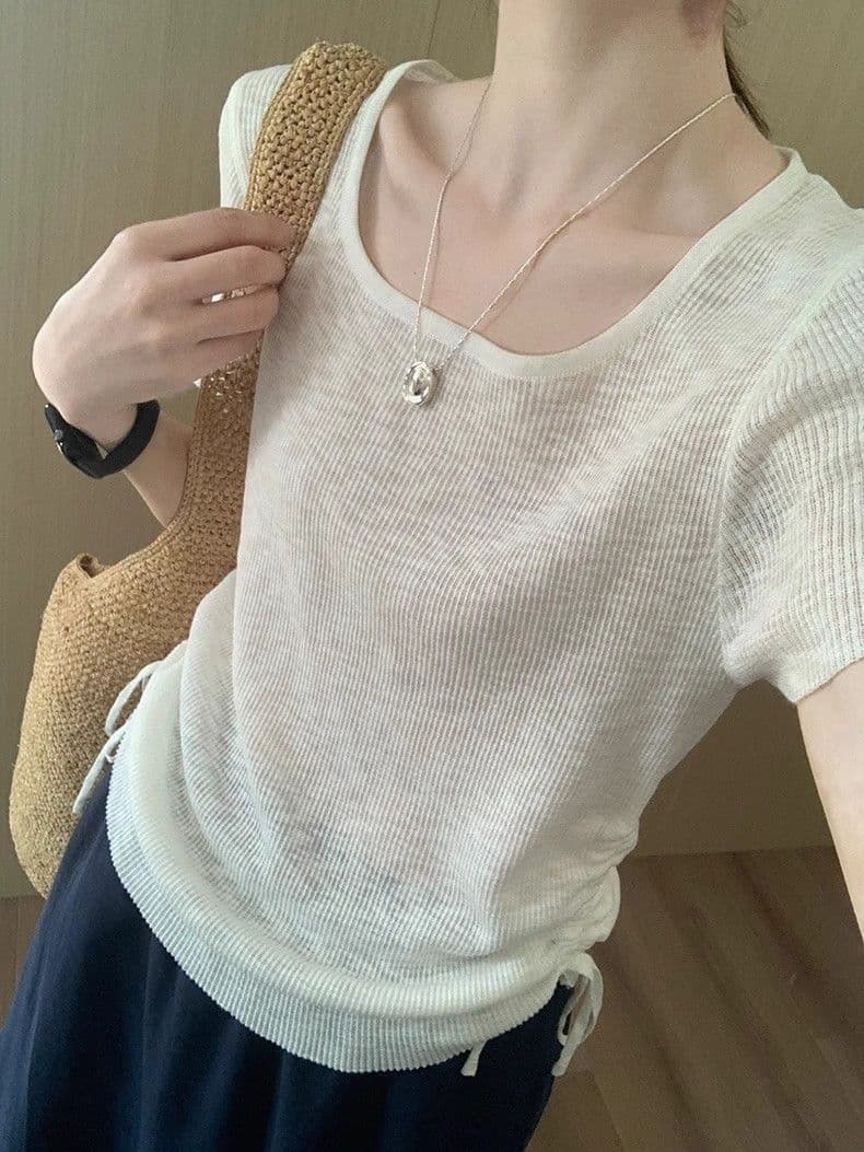 한 부서 광장 칼라 니트 반팔 티셔츠 여성 여름 양면 펌프 로프 몸매 가꾸기 슬림해 보이는 캐주얼 긍정적 인 어깨 아름다운 티셔츠 맨위 상세 이미지 32