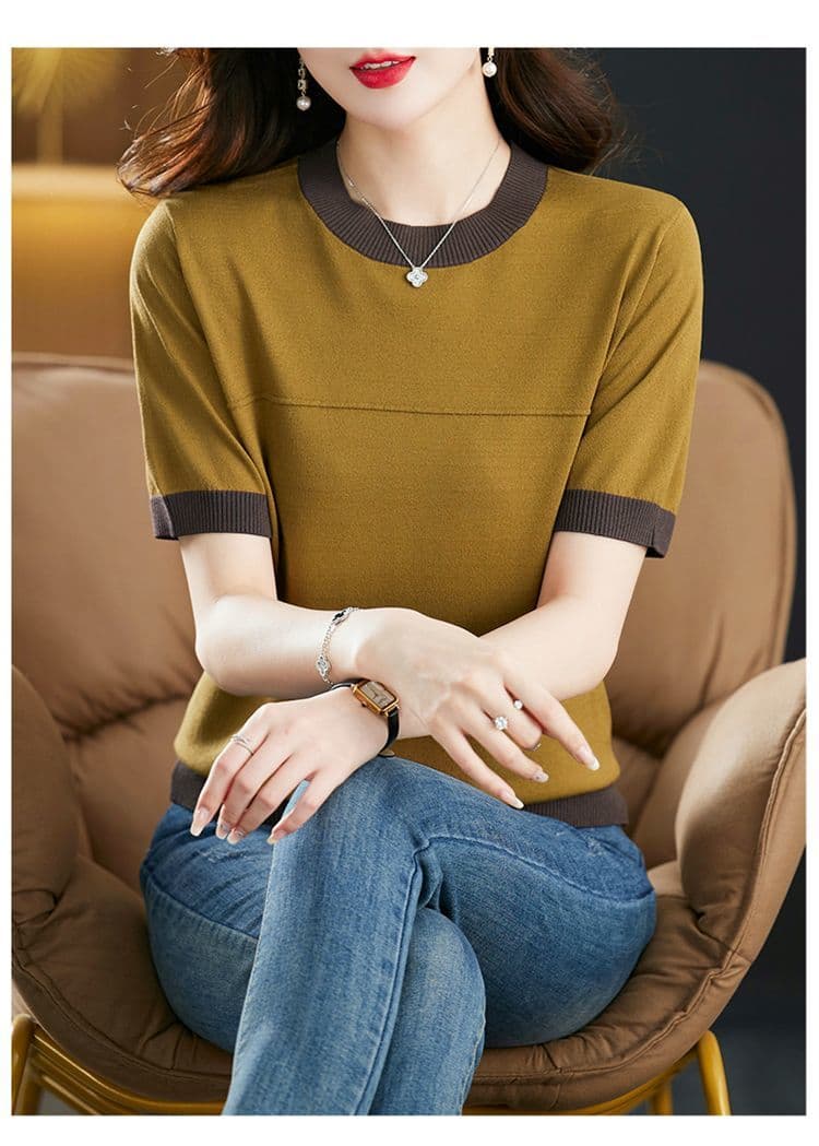반팔 티셔츠 여성 여름 드레스 새로운 빅 사이즈 루즈핏 표지 배 연령 감소 외국 가스 맨위 얼음 실크 니트 스웨터 맨위 여성 상세 이미지 1