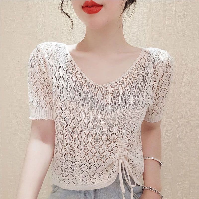 외부 가져 가라. 홀로우 아웃 니트 스웨터 여성 의류 블라우스 반팔 티셔츠 펌프 로프 슬리브 머리 인터넷 셔츠 얇은 스타일 V넥 다용도 작은 대중 맨위