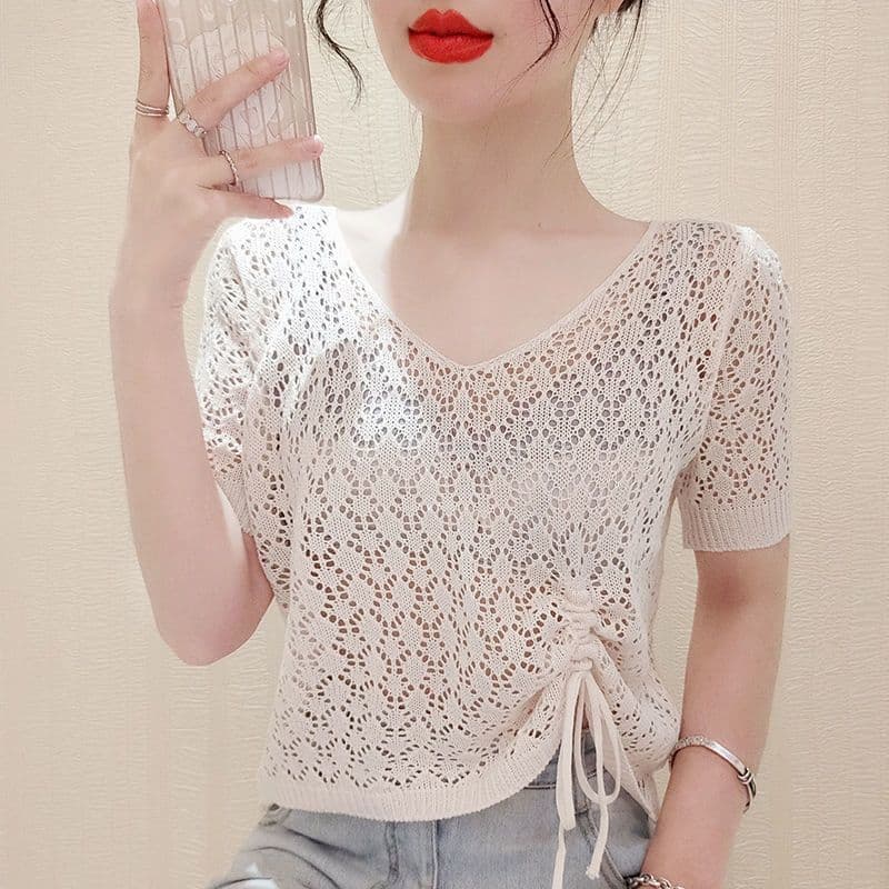 외부 가져 가라. 홀로우 아웃 니트 스웨터 여성 의류 블라우스 반팔 티셔츠 펌프 로프 슬리브 머리 인터넷 셔츠 얇은 스타일 V넥 다용도 작은 대중 맨위 상세 이미지 12
