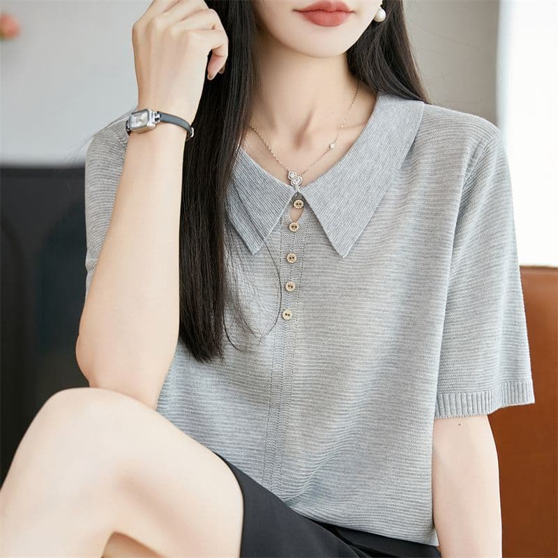 고급 뽕나무 누에 실크 폴로 칼라 단색 주간 실크 니트 반팔 티셔츠 여성 여름 루즈핏 얇은 스타일 니트 스웨터 맨위 여성 이미지 3