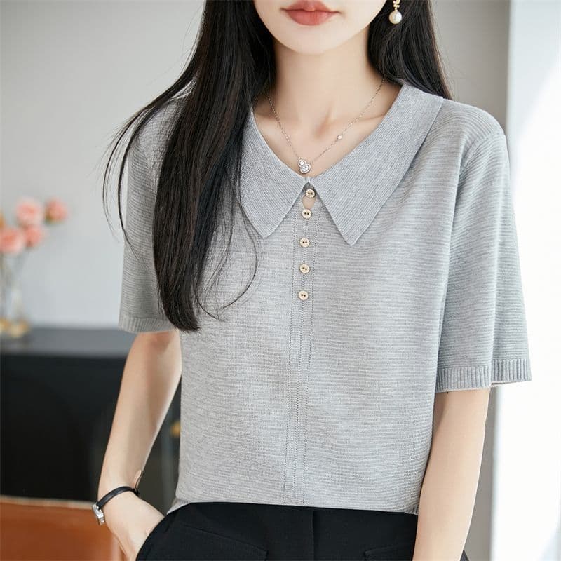 고급 뽕나무 누에 실크 폴로 칼라 단색 주간 실크 니트 반팔 티셔츠 여성 여름 루즈핏 얇은 스타일 니트 스웨터 맨위 여성 이미지 4