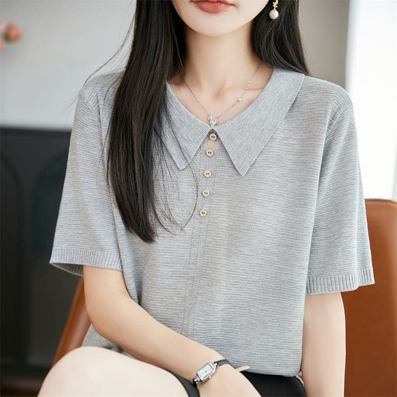 고급 뽕나무 누에 실크 폴로 칼라 단색 주간 실크 니트 반팔 티셔츠 여성 여름 루즈핏 얇은 스타일 니트 스웨터 맨위 여성 이미지 5