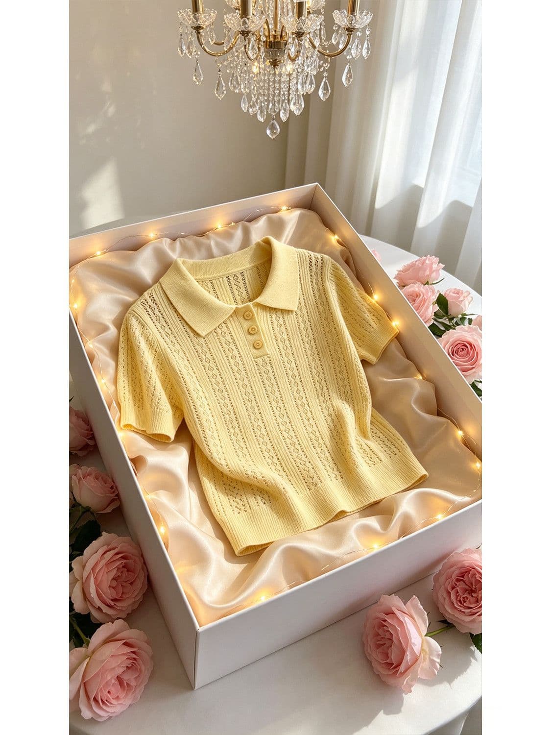 POLO 셔츠 폴로 칼라 홀로우 아웃 반팔 니트 스웨터 여성 여름 2026 새로운 고유 한 Chic 작은 대중 반팔 황색 맨위 상세 이미지 15