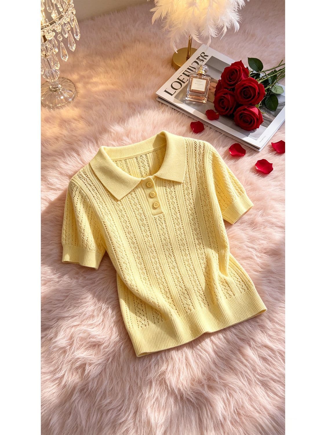 POLO 셔츠 폴로 칼라 홀로우 아웃 반팔 니트 스웨터 여성 여름 2026 새로운 고유 한 Chic 작은 대중 반팔 황색 맨위 상세 이미지 16