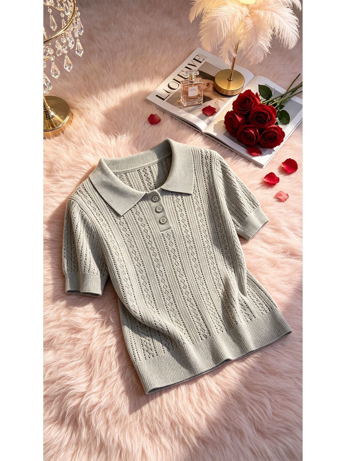 POLO 셔츠 폴로 칼라 홀로우 아웃 반팔 니트 스웨터 여성 여름 2026 새로운 고유 한 Chic 작은 대중 반팔 황색 맨위 상세 이미지 23