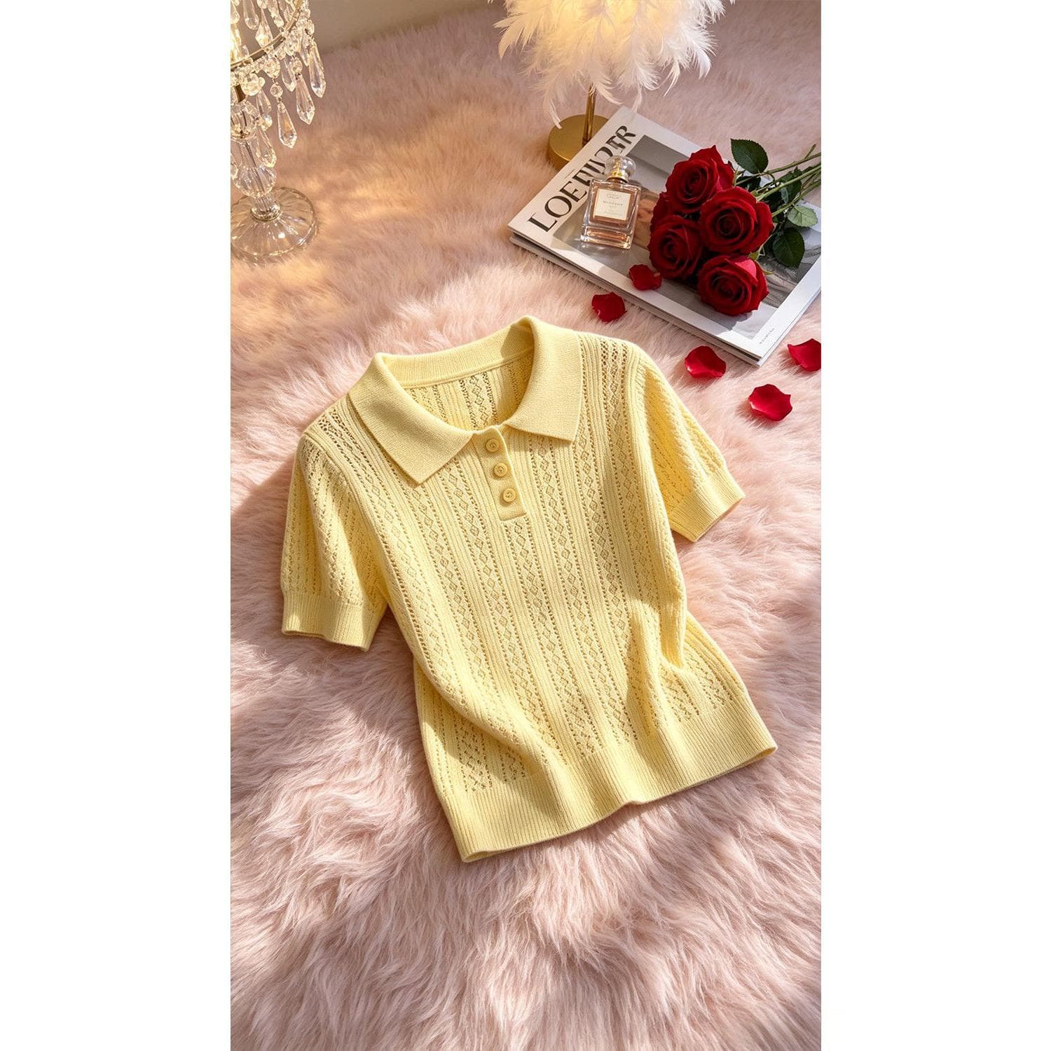 POLO 셔츠 폴로 칼라 홀로우 아웃 반팔 니트 스웨터 여성 여름 2026 새로운 고유 한 Chic 작은 대중 반팔 황색 맨위 상세 이미지 28