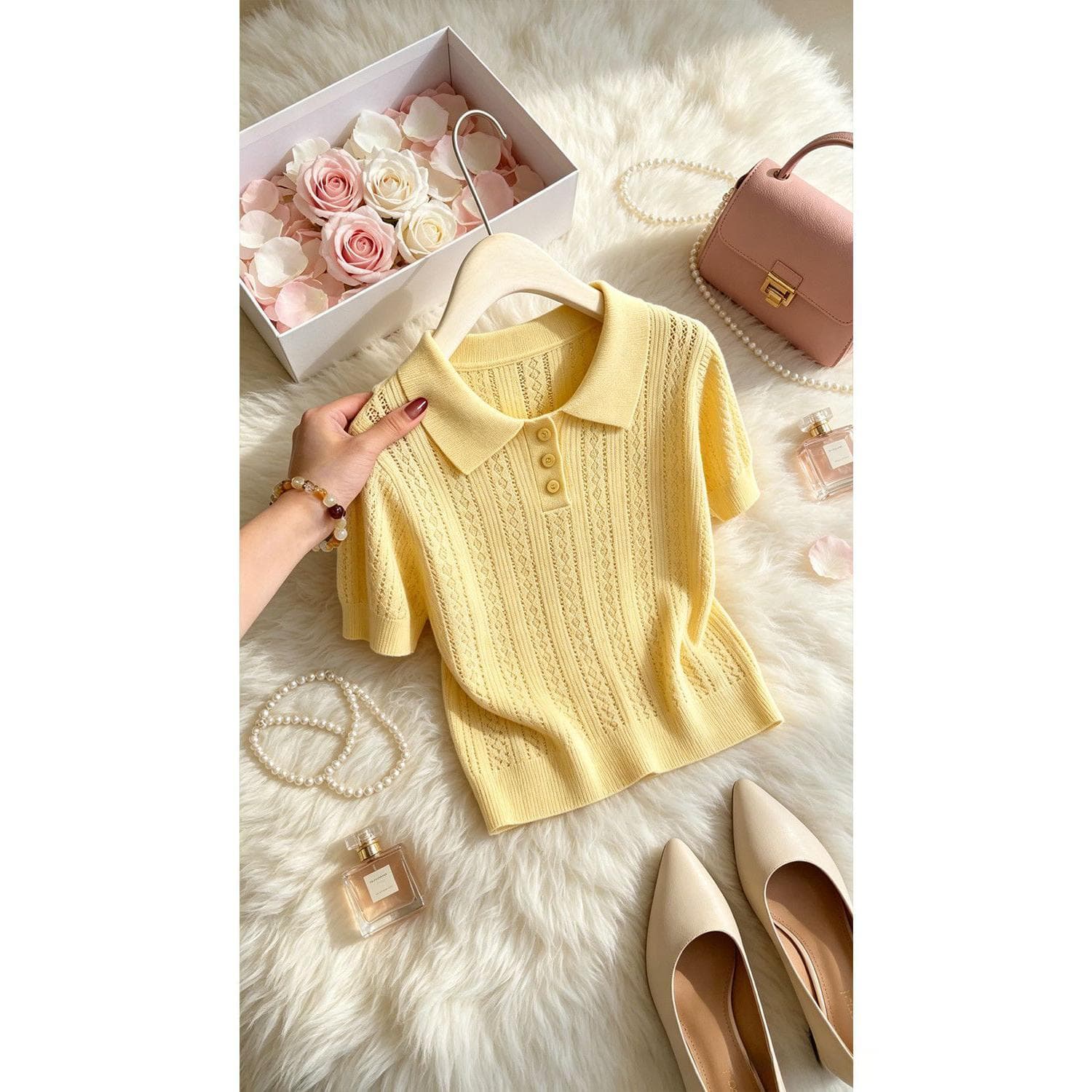 POLO 셔츠 폴로 칼라 홀로우 아웃 반팔 니트 스웨터 여성 여름 2026 새로운 고유 한 Chic 작은 대중 반팔 황색 맨위 상세 이미지 29