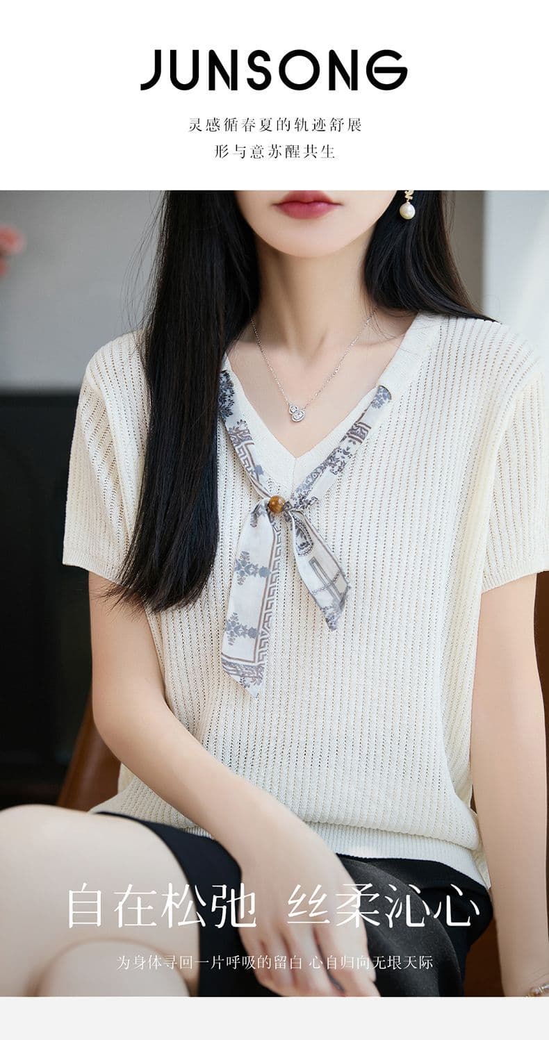 우아함 스카프 V넥 대나무 마디 마 반팔 티셔츠 여성 26 여름 새로운 품격 자이언트 잘 생긴 얇은 스타일 니트 스웨터 맨위 상세 이미지 1